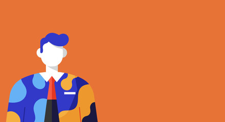 Stylized businessman illustration featuring a vibrant, abstract shirt and red tie on an orange background, representing modern professional identity and creativity.