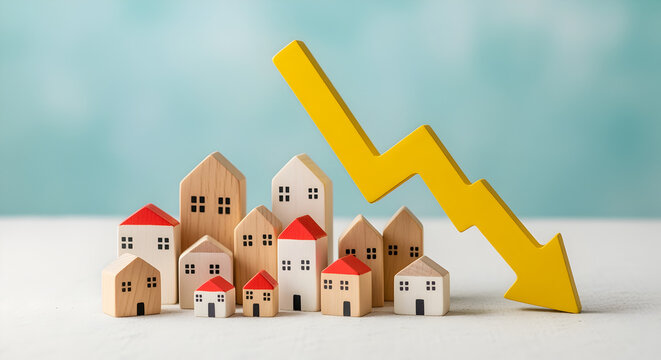 Miniature Houses Grouped with a Yellow Downward Arrow on White Surface in Studio