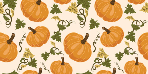 Seamless vector pattern of orange pumpkins with green leaves on light background. Perfect for autumn decor, Halloween wrapping paper, textiles, wallpaper, and seasonal packaging.
