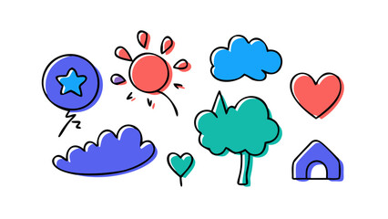 Playful doodle icons sun clouds hearts and house vector
