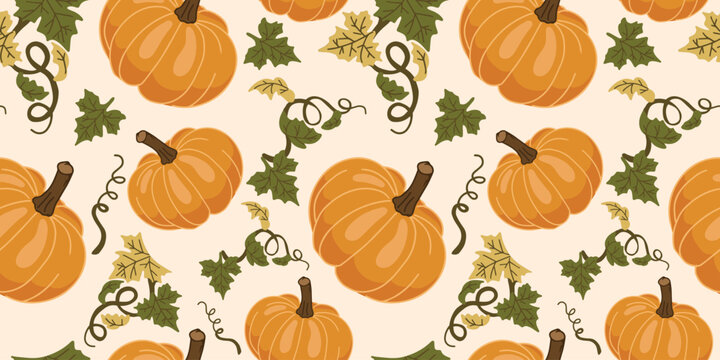Seamless vector pattern of orange pumpkins with green leaves on light background. Perfect for autumn decor, Halloween wrapping paper, textiles, wallpaper, and seasonal packaging.