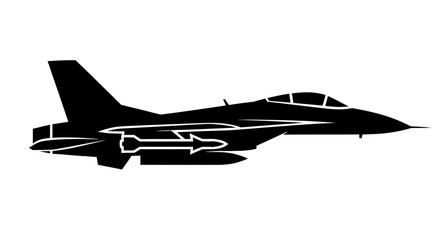 Silhouette of a military jet aircraft, carrying missiles, in profile view.