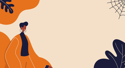 Stylish person in orange and blue attire against a minimalist background with abstract shapes and a spider web. Ideal for modern design, autumn themes, or creative concepts.