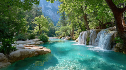 Obraz premium A multi-tiered waterfall creates natural infinity pools that overflow into each other, finally joining a peaceful river that disappears into misty valleys