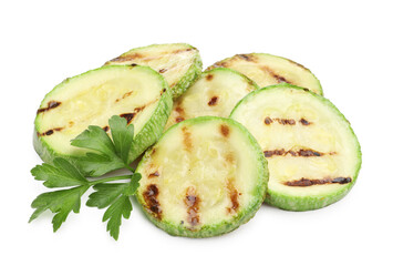 Delicious grilled courgette slices with parsley isolated on white