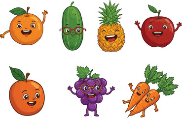 Funny cartoon fruit and vegetable characters, smiling orange, cucumber, pineapple, apple, grape, carrot vector illustration for healthy food concept