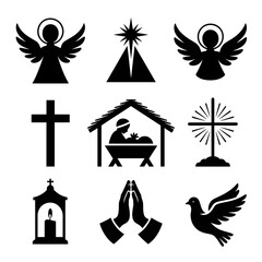 Christmas Symbols Silhouette: A collection of symbolic icons representing the holy period including an angel, nativity, star, cross and holy dove