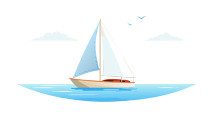 Sailboat on blue water with clouds and birds sailing