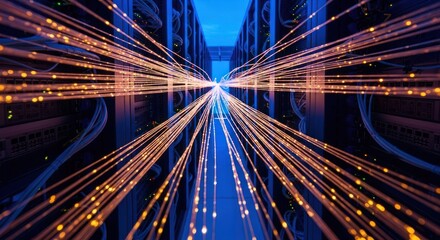 Server room; data streams glowing between server racks, perspective view
