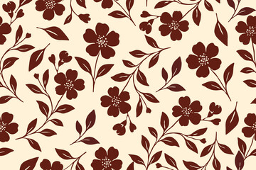 Elegant seamless floral pattern with dark brown blossoms and leaves on a beige background, perfect for fabric, wallpaper, and decorative design projects.