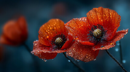 Beautiful red poppy flowers with water drops macro photography wallpaper