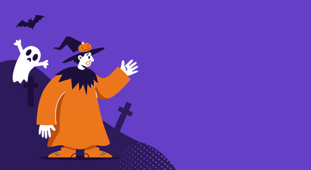 Halloween illustration featuring a witch, ghost, and bat on a spooky hill, ideal for festive promotions, party invitations, or holiday greetings with ample copy space. © House of Vector