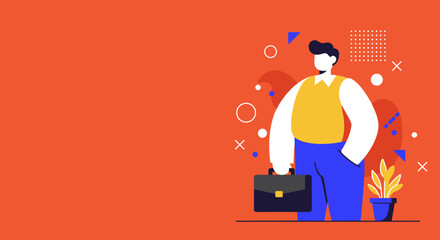 Confident business person illustration with briefcase on a vibrant background, symbolizing career, employment, and professional success. Ideal for corporate concepts.