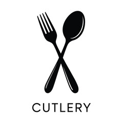 Simple black silhouette of crossed fork and spoon with cutlery text