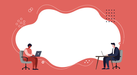 Two professionals collaborating remotely on laptops, framed by a dynamic red and white background. Ideal for business, online learning, and digital communication concepts.