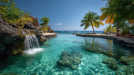 Lush tropical waterfall cascades over black lava rocks into turquoise waters that gradually blend into a calm river flowing toward distant ocean views