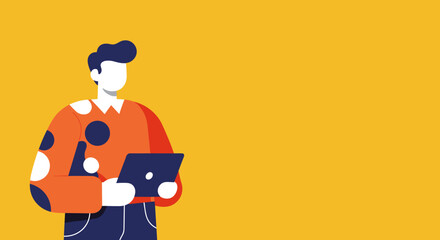 Modern illustration of a person using a laptop and holding a drink on a vibrant yellow background. Represents digital work, online learning, or casual lifestyle.