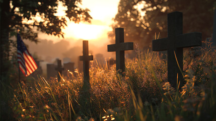 Cemetery memorial day crosses american flag sunset remembrance veteran