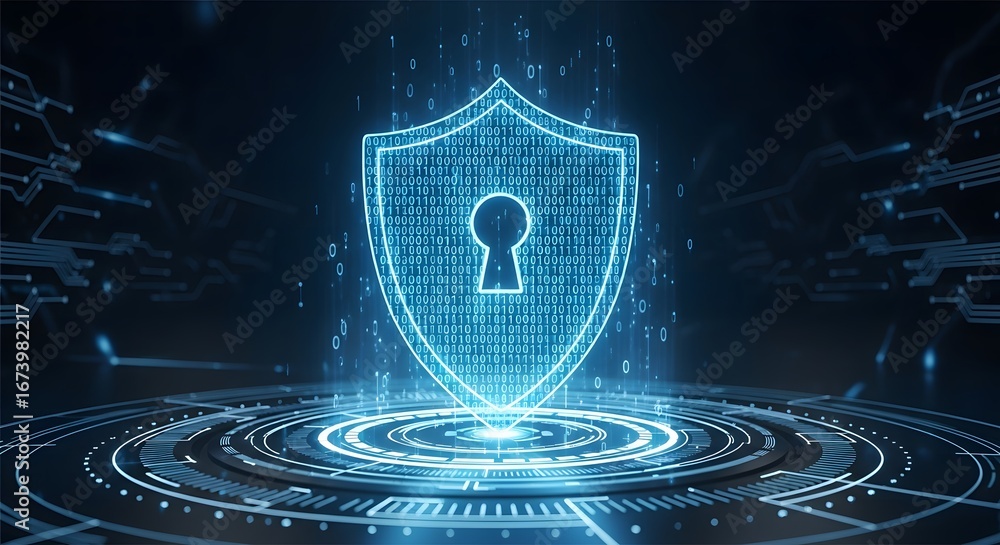 Poster digital shield of protection featuring a glowing keyhole symbol surrounded by futuristic technology 