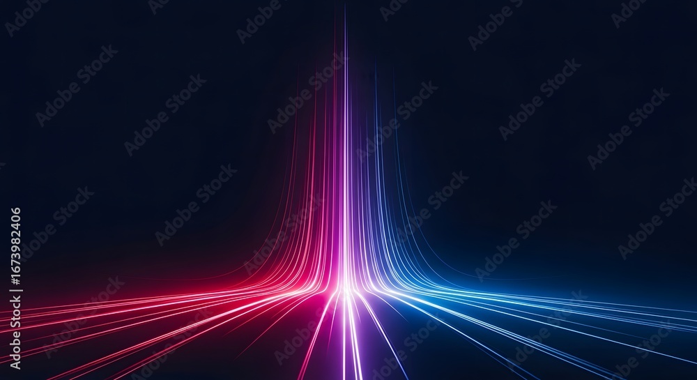 Poster vibrant neon light trails converge upward against a dark background creating a dynamic abstract ener