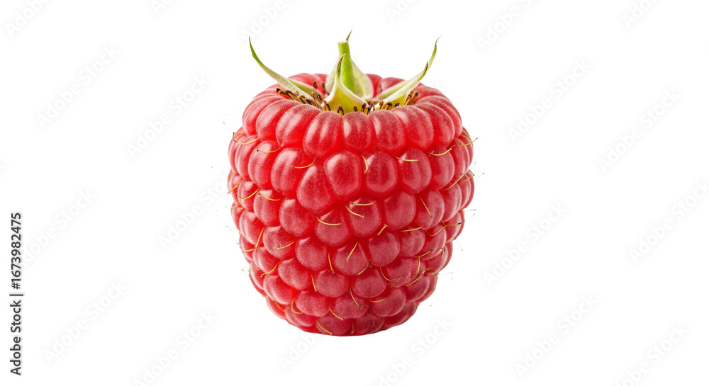 Poster vibrant red raspberry shows its unique texture and small hairs against a plain .