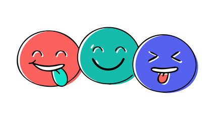 Three happy doodle faces emoji smiling