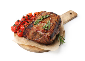Delicious roast beef with rosemary and tomatoes isolated on white
