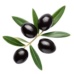 Black olives with leaves isolated on transparent background