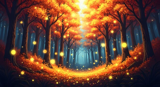 Enchanting forest path bathed in golden autumn light, with glowing orbs floating amidst the trees and foliage, creating a magical and serene atmosphere