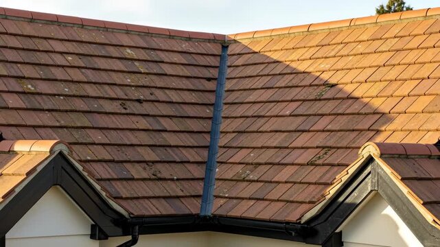 House Roof with Clay Tiles and Ridge Detail - Close-up view of a house roof showcasing reddish-brown clay tiles, neatly arranged in overlapping rows.
