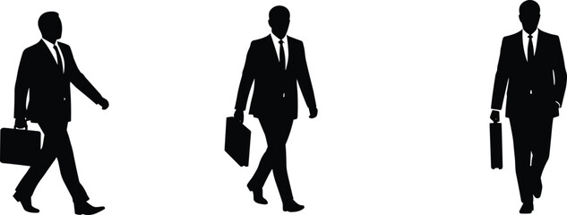 Silhouette businessmen walking with briefcases, professional office workers in suit, corporate business concept, leadership teamwork career success illustration design