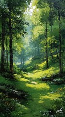 Fototapeta premium Lush forest path bathed in sunlight