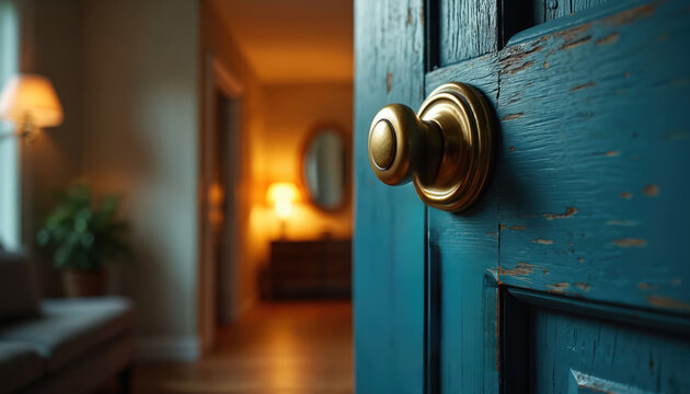 Close-up of distressed teal door with antique brass knob, opening into warm, inviting home interior with soft lighting, plant. Symbolizes new beginnings, real estate investment, securing dream home.