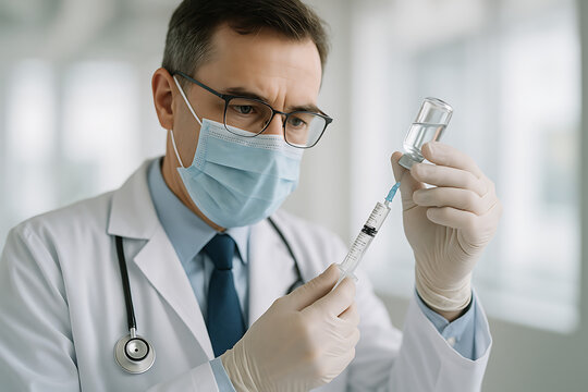 A male doctor in glasses wearing a mask and gloves prepares a vaccine by drawing liquid into a syringe