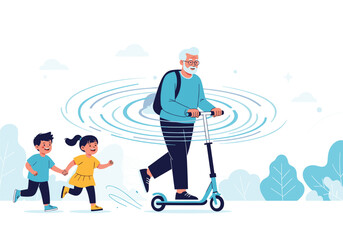 An older man rides an electric scooter with two children running alongside him in a park