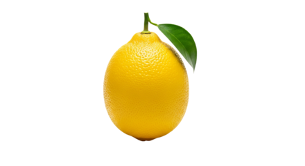 Yellow lemon is standing upright with green leaf and short stem against a plain background.