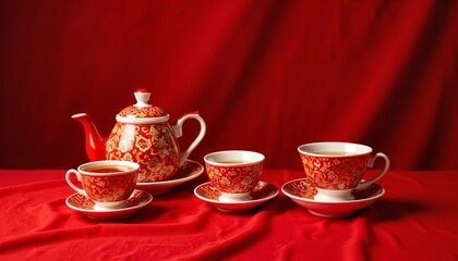 Fototapeta premium Ornate red tea set with teapot and cups on vibrant red backdrop 