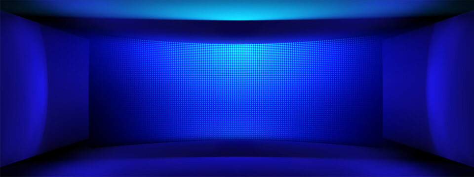 Blue LED wall panel with pixel grid effects and LCD screen texture. Stadium monitor patterns or concert glow backdrops for music venues. Neon video projection or abstract dot designs for club display.