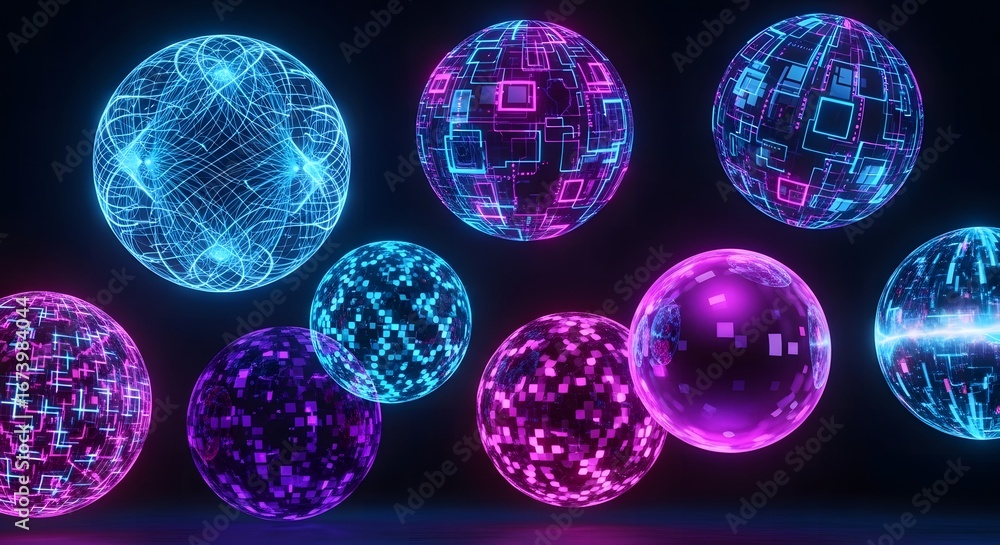Poster futuristic glowing orbs with intricate digital patterns illuminate a dark background in a mesmerizin