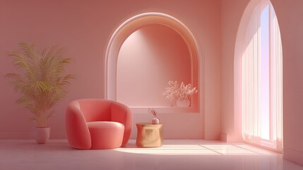 Elegant Minimalist Pink Interior Room with Large Windows and Decorative Elements