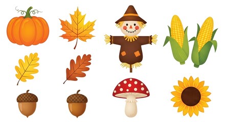 Collection of autumn harvest elements including a pumpkin, scarecrow, corn, acorns, leaves, mushroom, and sunflower, isolated on white background