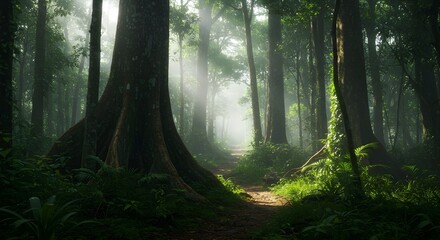 Obraz premium Mystical ancient forest with sunlight rays through big trees 