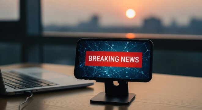 Smartphone displaying "Breaking News" with cityscape view