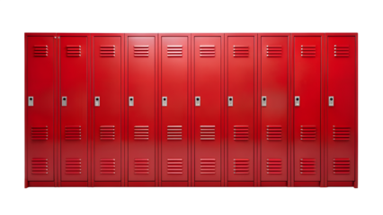 Row of Red Metal School Lockers with Vents and Locks on transparent background red metal school lockers vents locks The