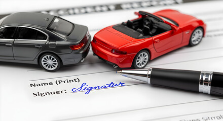 Cars Accident Collision with Insurance Claim Form and Pen on Neutral Backdrop