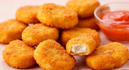 A close up shot of a pile of golden brown chicken nuggets with a side of red dipping sauce on a white surface