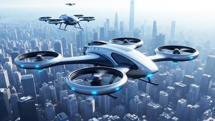 Futuristic drones soaring over a bustling city skyline, showcasing advanced technology in urban transport - Powered by Adobe