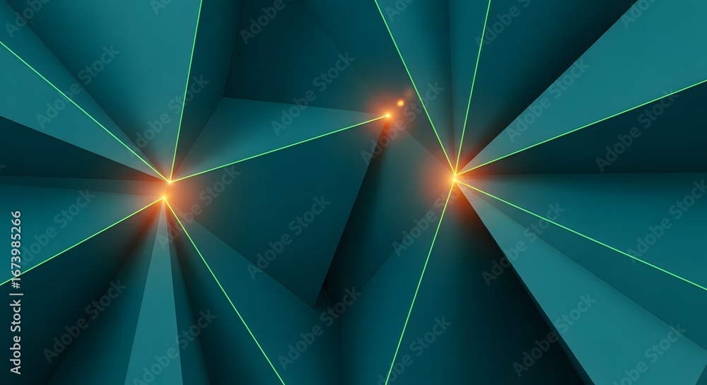 Poster abstract teal geometric network with glowing orange nodes representing connection and data flow