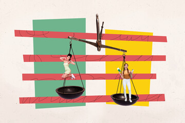 Full 3d artwork trend collage of two happy business partners jump together scales comparison hold...