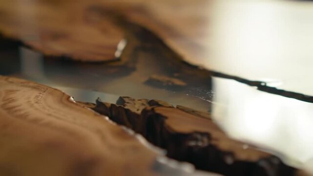 Closeup of a handcrafted epoxy river table with capturing wood grain and resin detail.